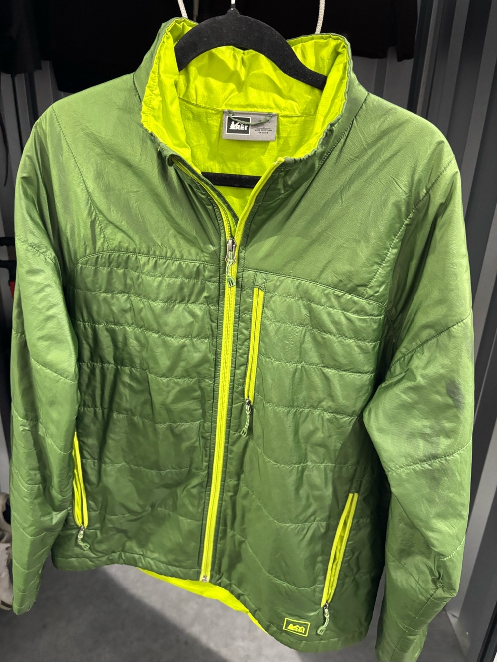 REI Green Puffer Jacket with Neon Yellow Accents